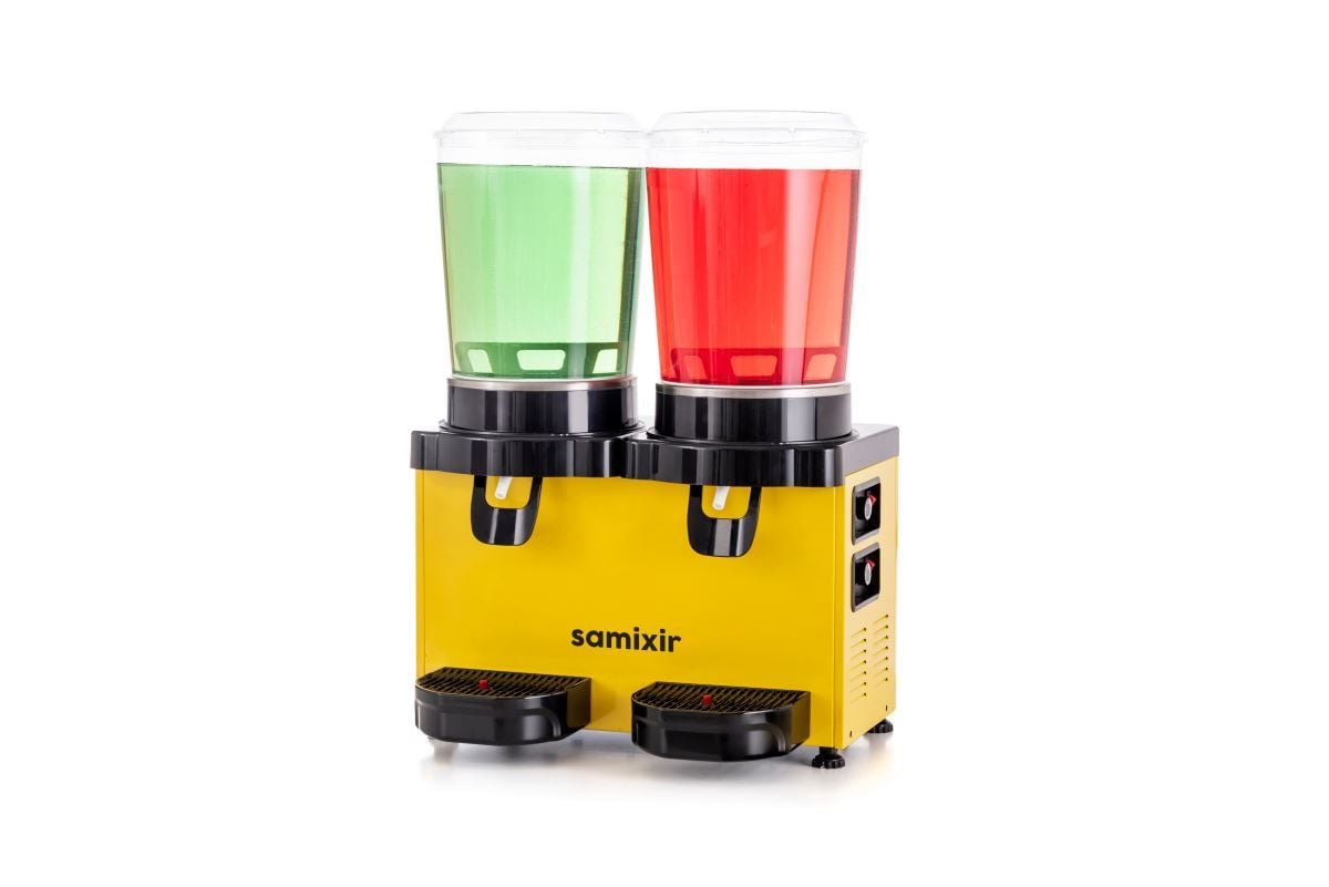 Samixir MM20.AY Çiftli Limonata ve Ayran Makinesi – 2x10 L Soğuk İçecek Dispenseri, Karıştırıcılı, Sarı