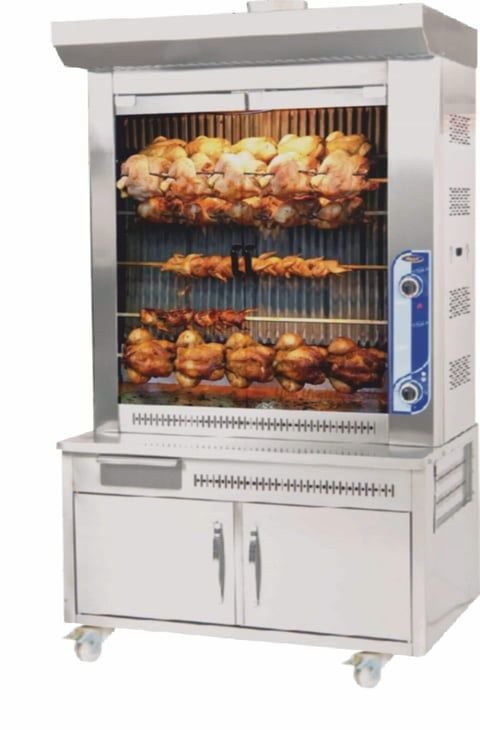 Pimak PI5/M015B Dökümlü Gazlı Piliç Çevirme Makinesi – 54 Piliç Kapasiteli, Alt Dolaplı Profesyonel Döner Izgara
