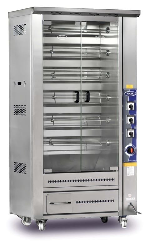Pimak M010-DE Elektrikli Piliç Çevirme Makinesi – Tek Vitrinli, Alt Dolaplı, 24 Piliç Kapasiteli Profesyonel Döner Izgara